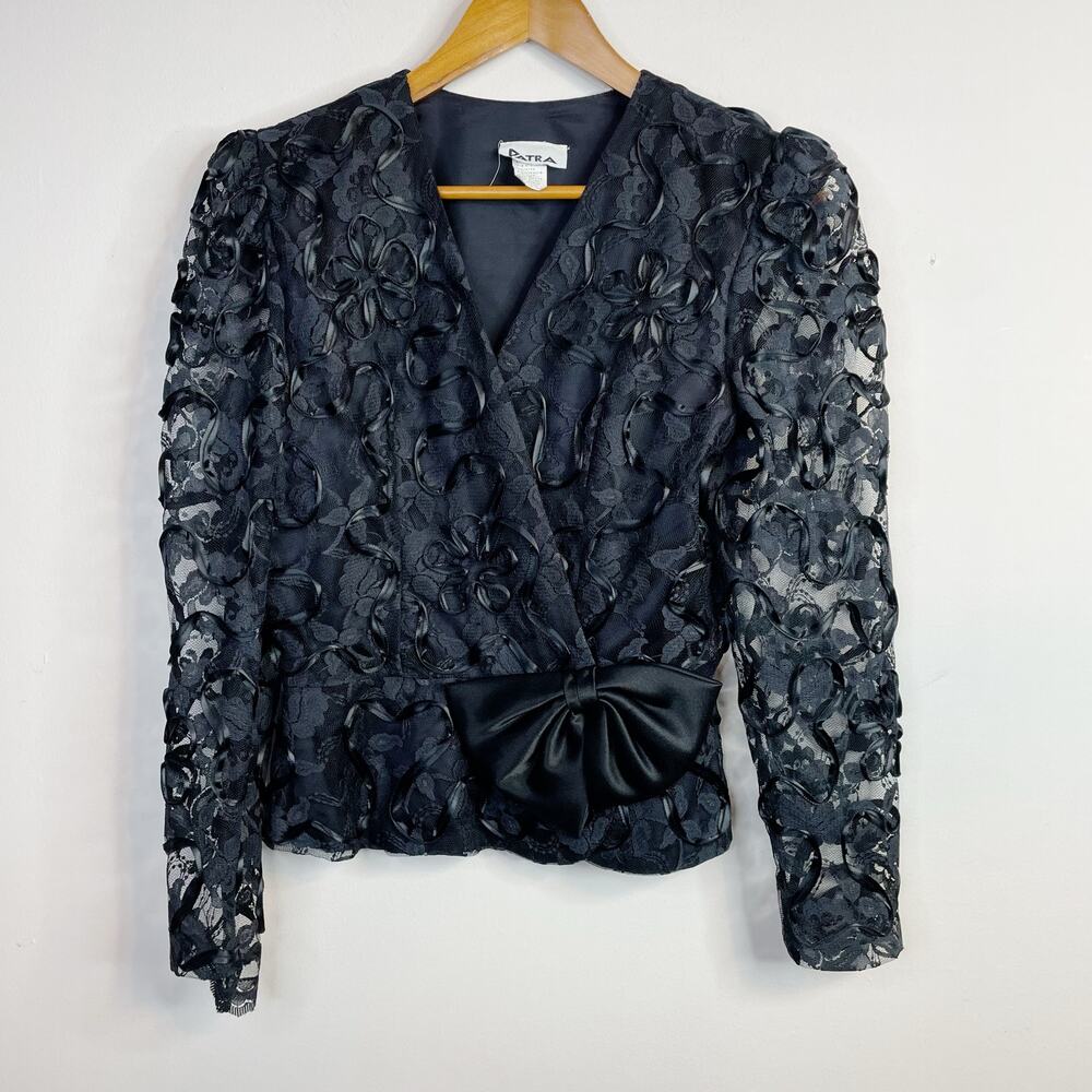 Vintage Patra Black Lace Ribbon Soutache Mesh Fitted Jacket Puff Shoulders Bow 6